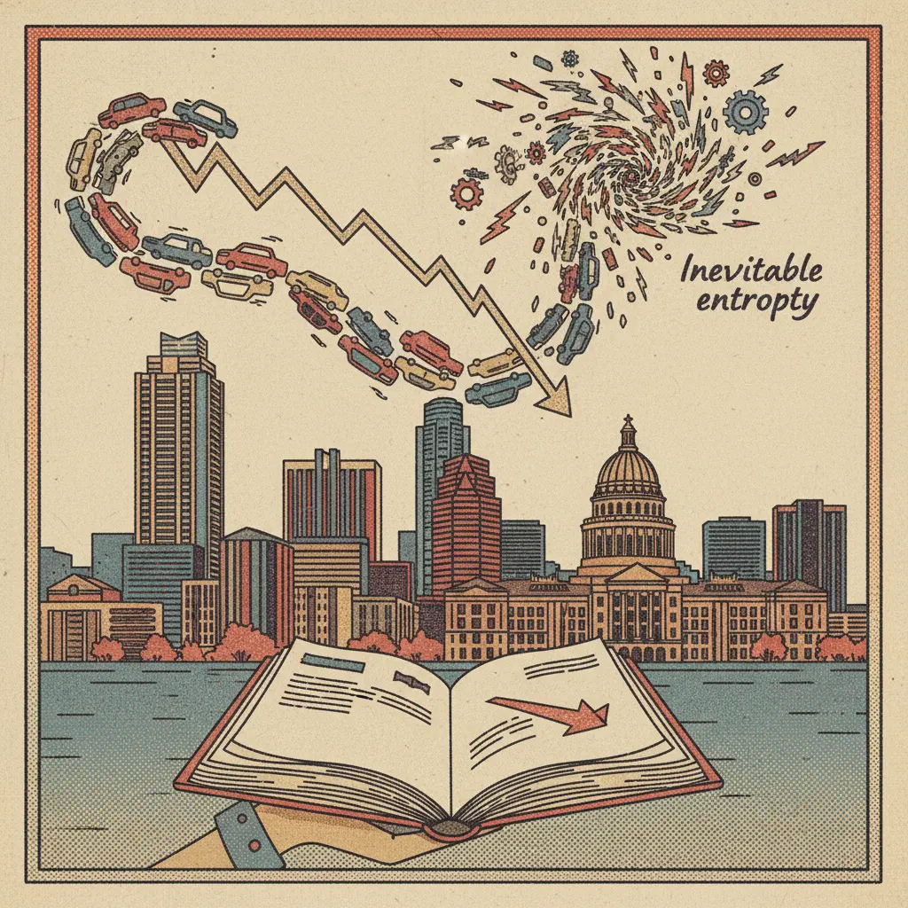 Editorial illustration: STATISTICAL ANOMALY: AUSTIN TRAFFIC ACCIDENTS DECREASE IN THE FACE OF INEVITABLE ENTROPY