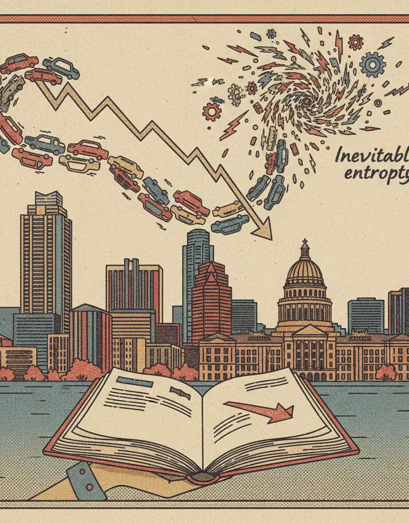 Editorial illustration: STATISTICAL ANOMALY: AUSTIN TRAFFIC ACCIDENTS DECREASE IN THE FACE OF INEVITABLE ENTROPY