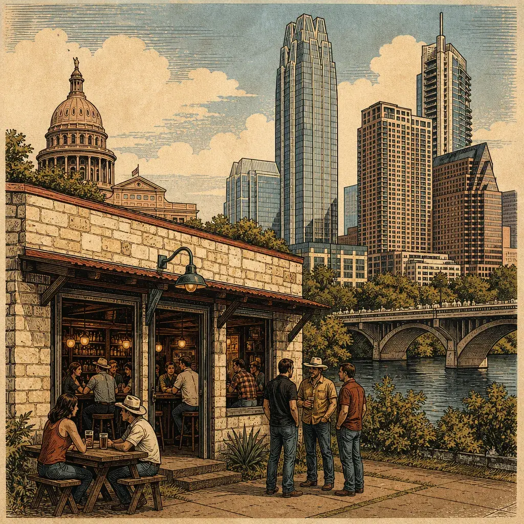 Editorial illustration: THE TAVERN WILL OUTLIVE YOUR LEASE — PRESERVATION AUSTIN NAMES FEATURED BUSINESSES FOR LEGACY BUSINESS MONTH; THE TAVERN OPENED IN 1933