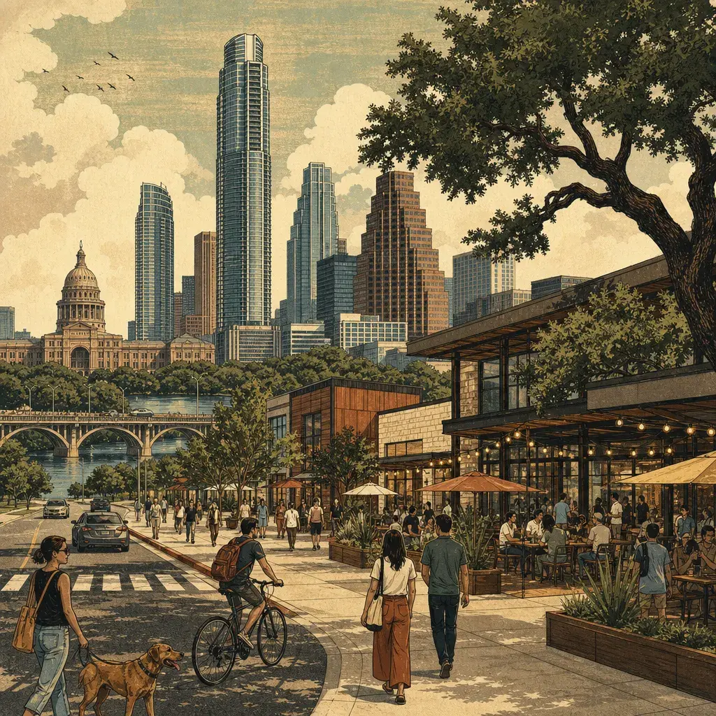 Editorial illustration: A NICE LITTLE WALKABLE MIRAGE TO GENTRIFY YOUR WALKS: TWIN OAKS AT S. CONGRESS & OLTORF GETS SOMERAROAD'S 90,000-SQFT REDO (SUMMER 2028)