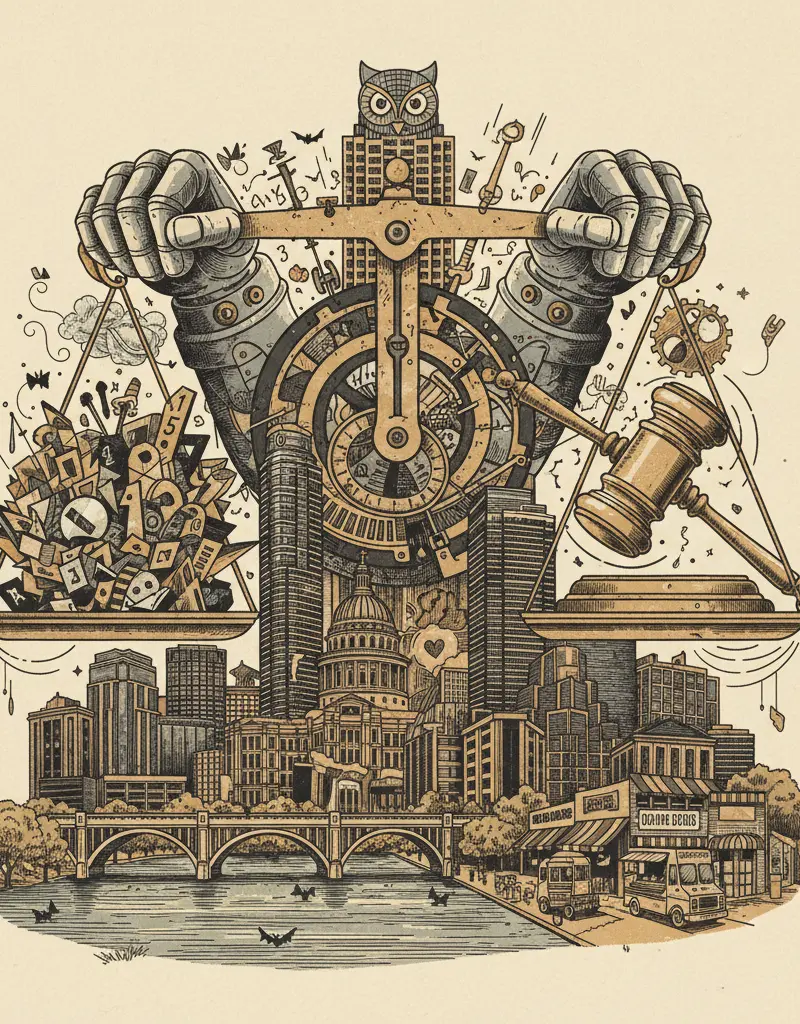 Editorial illustration: THE JUSTICE SYSTEM IS STILL PROCESSING WHATEVER 2025 THREW AT IT