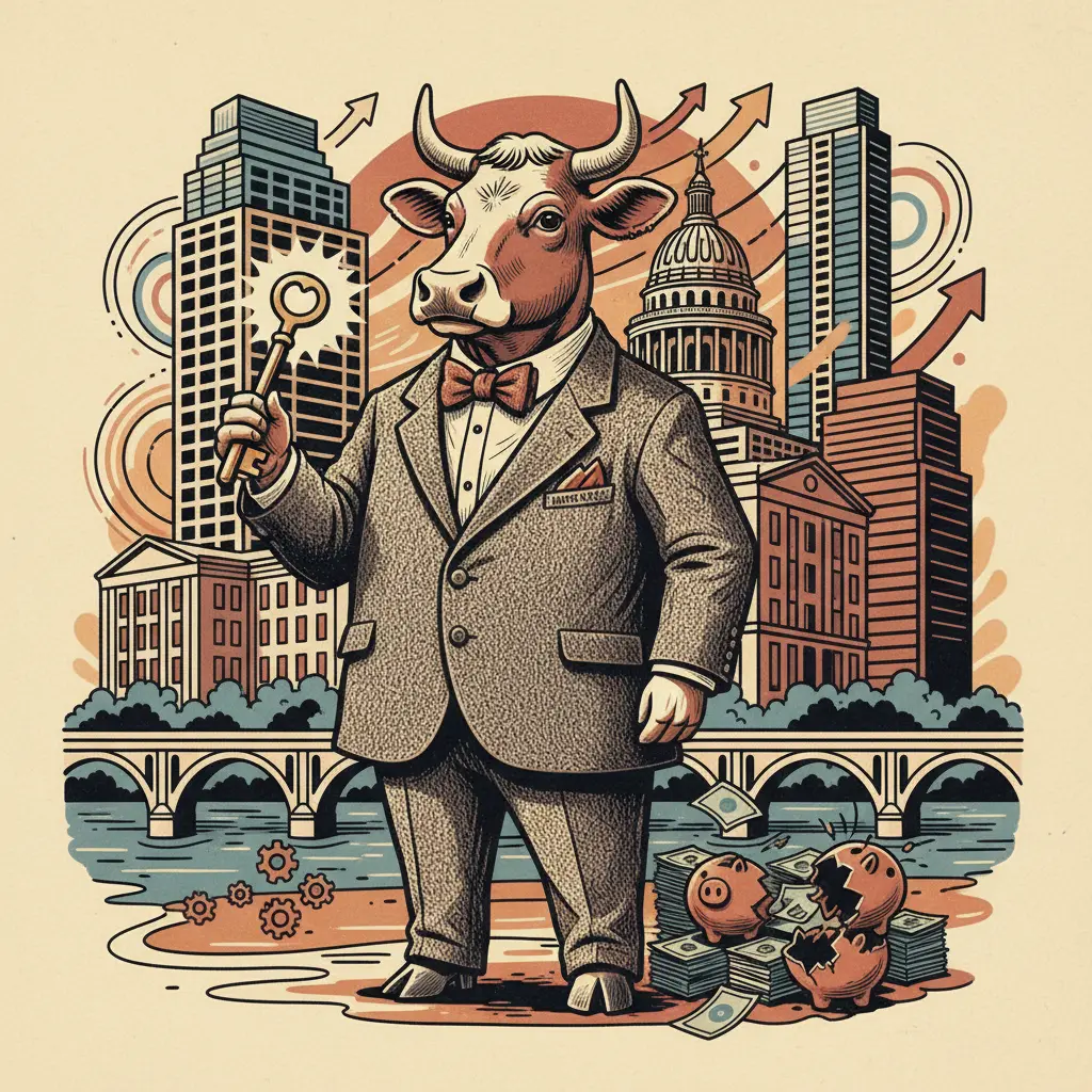 Editorial illustration: A COW NAMED WHITE CASTLE JUST SOLVED LATE-STAGE CAPITALISM (PROBABLY)