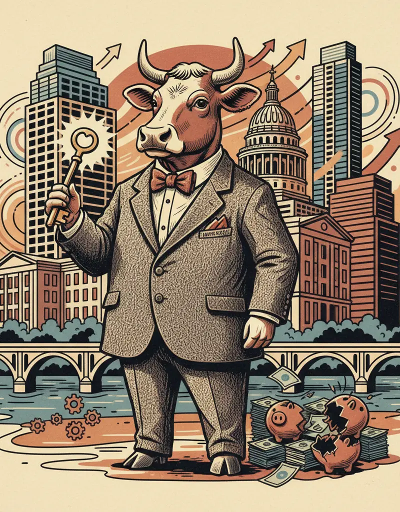Editorial illustration: A COW NAMED WHITE CASTLE JUST SOLVED LATE-STAGE CAPITALISM (PROBABLY)