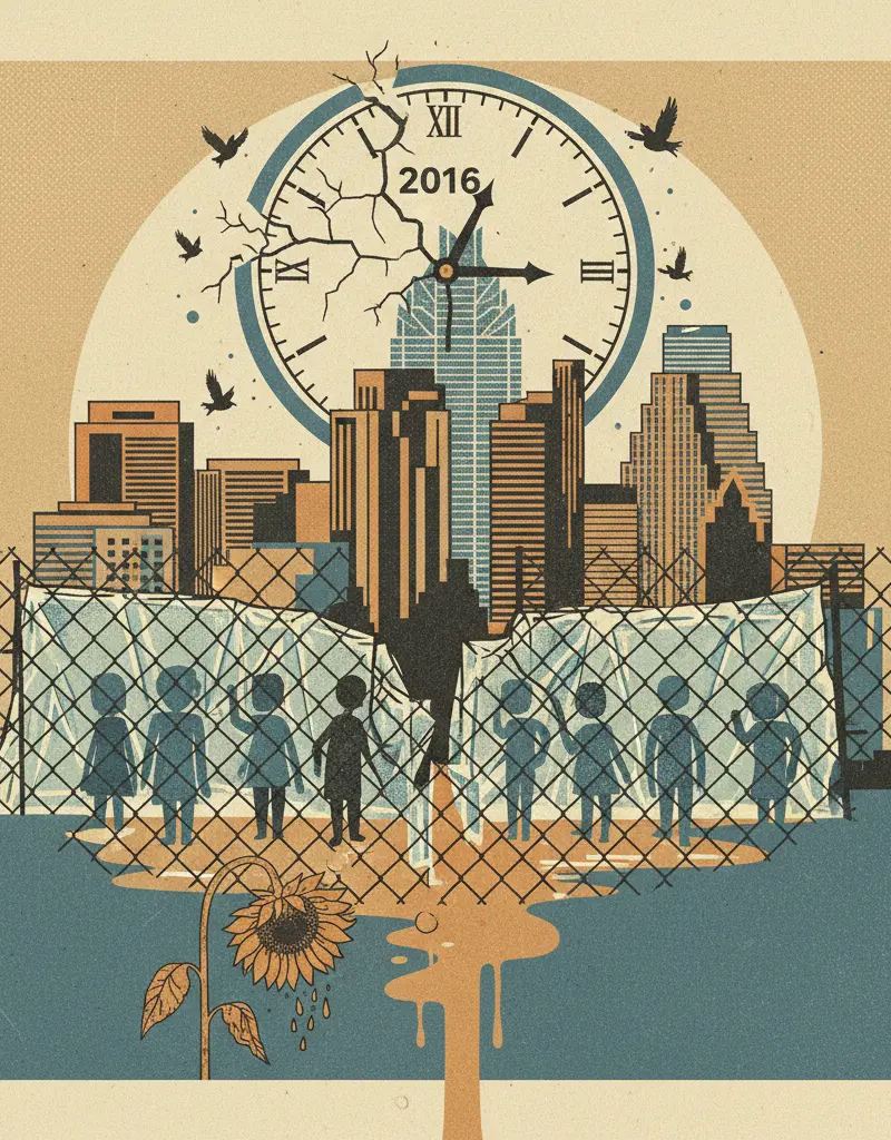 Editorial illustration: ICE DETENTION OF MINORS IN AUSTIN SPIKES: BECAUSE HOPE DIED IN 2016