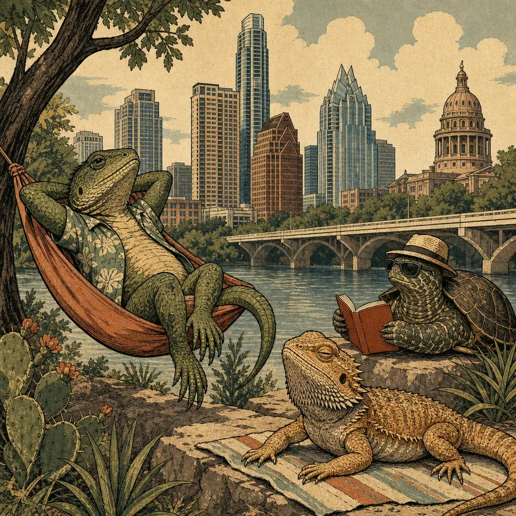 Editorial illustration: THE LIZARDS OUTSIDE FIGURE 8 COFFEE PAY ZERO DOLLARS IN RENT AND OWE YOU NOTHING
