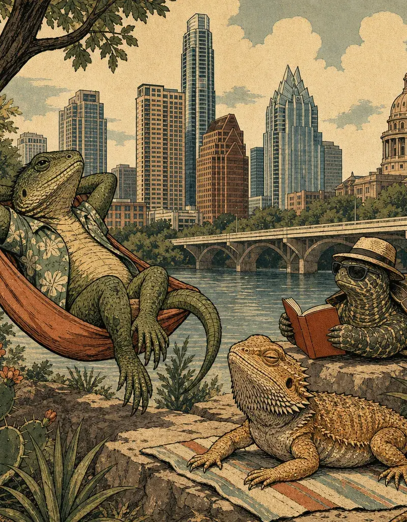 Editorial illustration: THE LIZARDS OUTSIDE FIGURE 8 COFFEE PAY ZERO DOLLARS IN RENT AND OWE YOU NOTHING