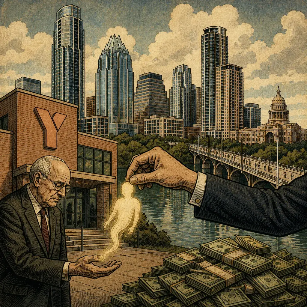 Editorial illustration: THE YMCA SOLD ITS SOUL TO THE SKYLINE: TOWNLAKE YMCA FILES FOR THREE 425-FOOT TOWERS AT 1100 W. CESAR CHAVEZ