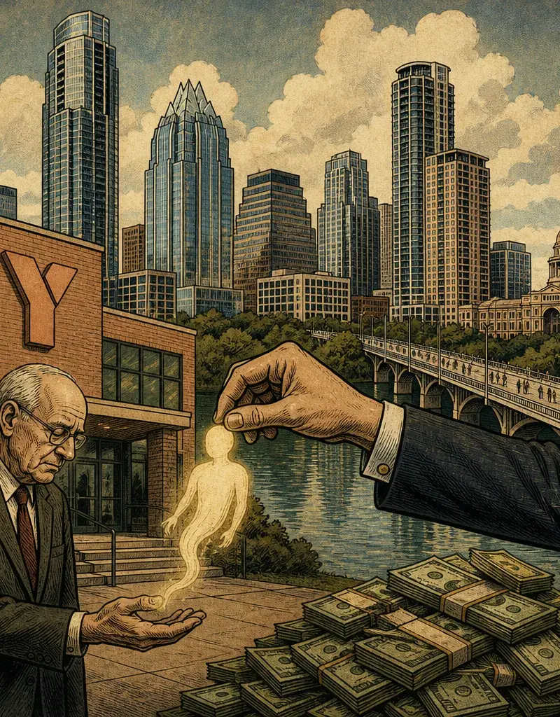 Editorial illustration: THE YMCA SOLD ITS SOUL TO THE SKYLINE: TOWNLAKE YMCA FILES FOR THREE 425-FOOT TOWERS AT 1100 W. CESAR CHAVEZ