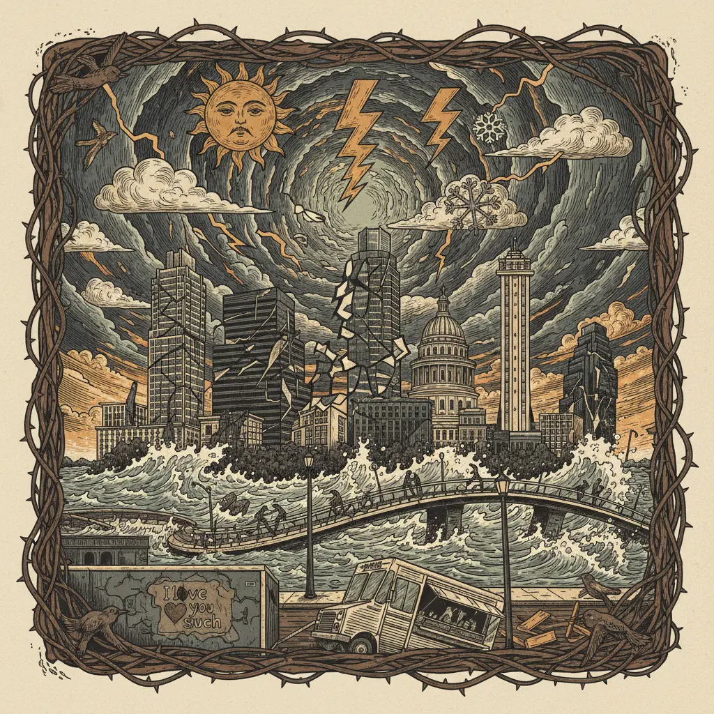 Editorial illustration: NATURE ITSELF IS NOW GASLIGHTING US: SEVERE WEATHER EDITION