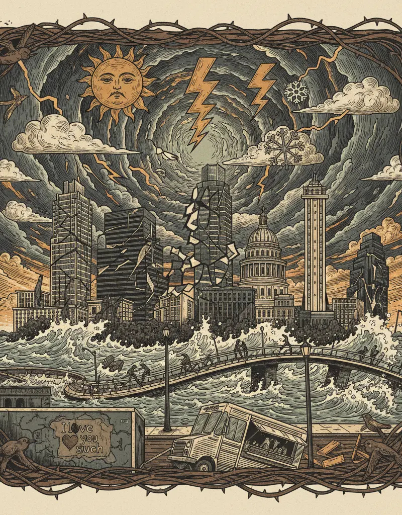 Editorial illustration: NATURE ITSELF IS NOW GASLIGHTING US: SEVERE WEATHER EDITION