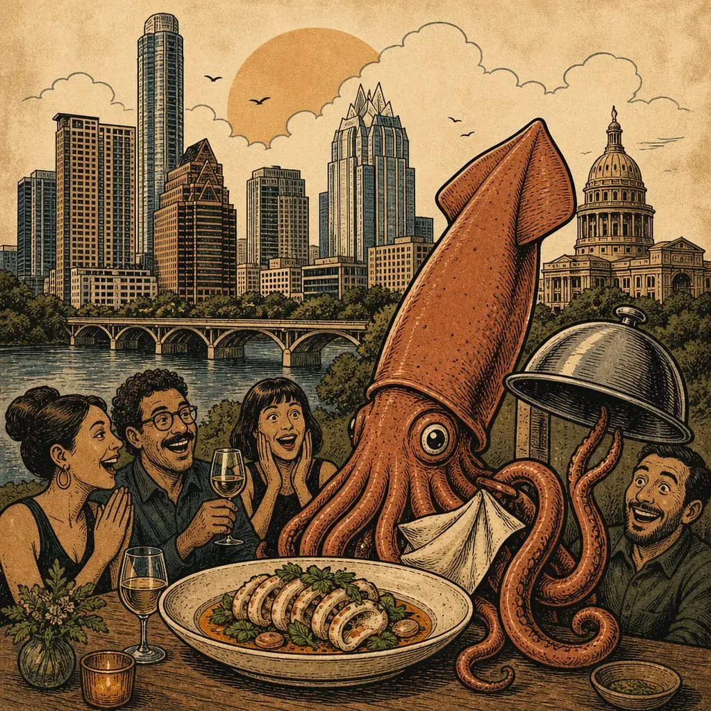 Editorial illustration: THEY RENAMED IT AND BON APPETIT SHOWED UP: LE CALAMAR NAMED ONE OF BON APPETIT'S 19 BEST NEW RESTAURANTS (APR 24, 2026 — AUSTIN)