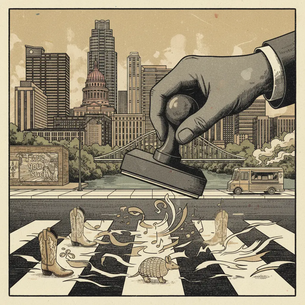 Editorial illustration: AUSTIN CROSSWALKS LOSE THEIR PERSONALITY IN LATEST EPISODE OF 'AMERICA: THE BUREAUCRACY'