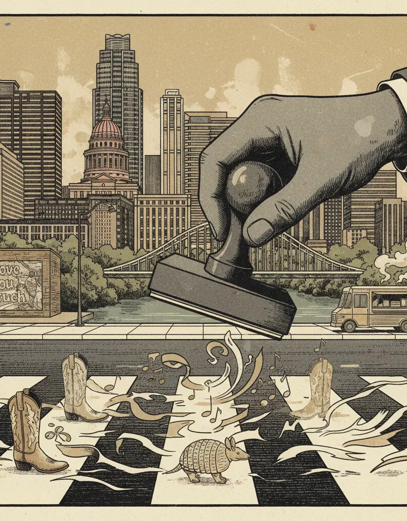 Editorial illustration: AUSTIN CROSSWALKS LOSE THEIR PERSONALITY IN LATEST EPISODE OF 'AMERICA: THE BUREAUCRACY'
