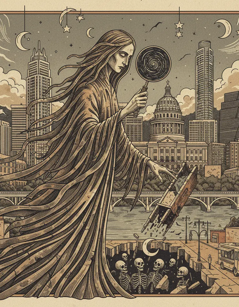 Editorial illustration: MEDICAL EXAMINER CONFIRMS UNIVERSE'S INDIFFERENCE VIA TRAGEDY AT A&M