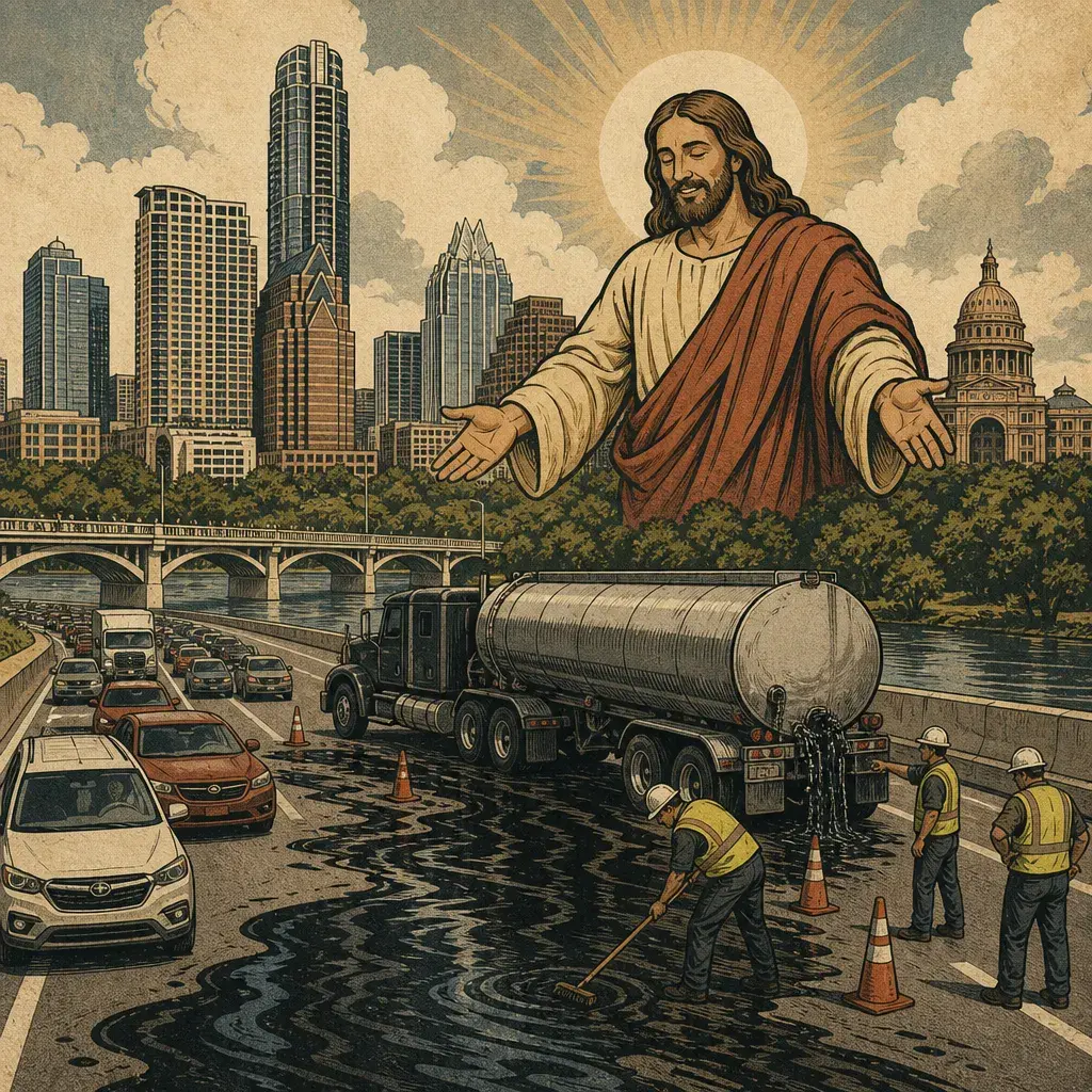 Editorial illustration: GOD LOVES TRAFFIC: NORTHBOUND I-35 SOUTH OF GRAND AVE PARKWAY SHUT AFTER DIESEL SPILL