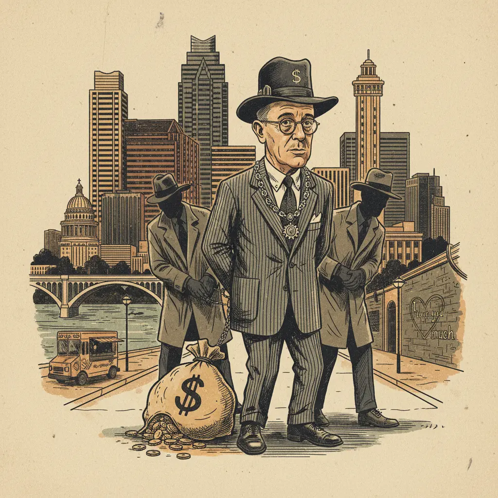 Editorial illustration: HITCHCOCK MAYOR ARRESTED: BECAUSE APPARENTLY CRIME DOES PAY (UNTIL IT DOESN'T)