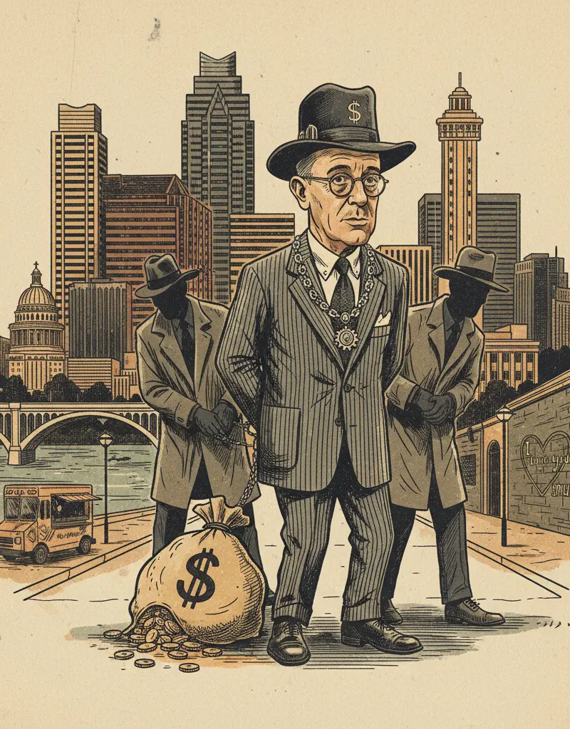 Editorial illustration: HITCHCOCK MAYOR ARRESTED: BECAUSE APPARENTLY CRIME DOES PAY (UNTIL IT DOESN'T)
