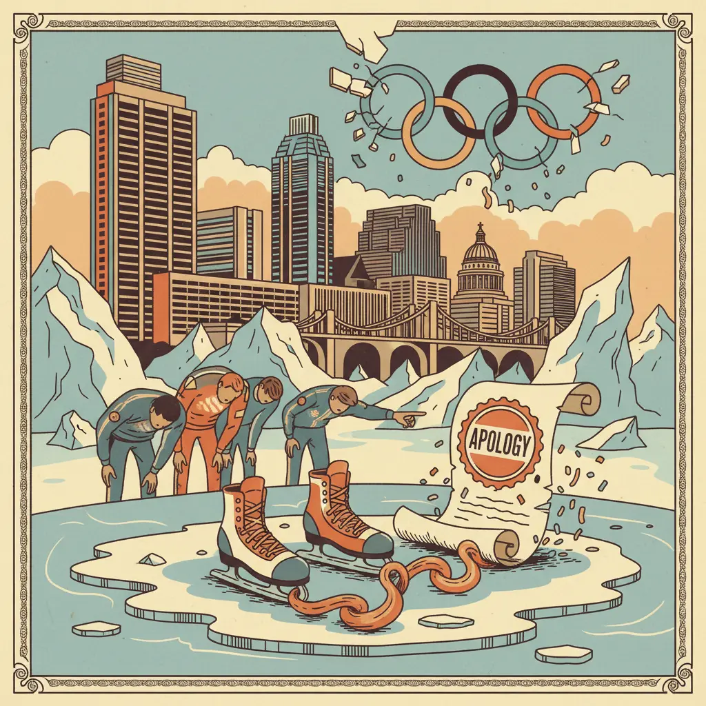 Editorial illustration: OLYMPIC COMMITTEE APOLOGIZES FOR MAKING ICE SKATES USELESS