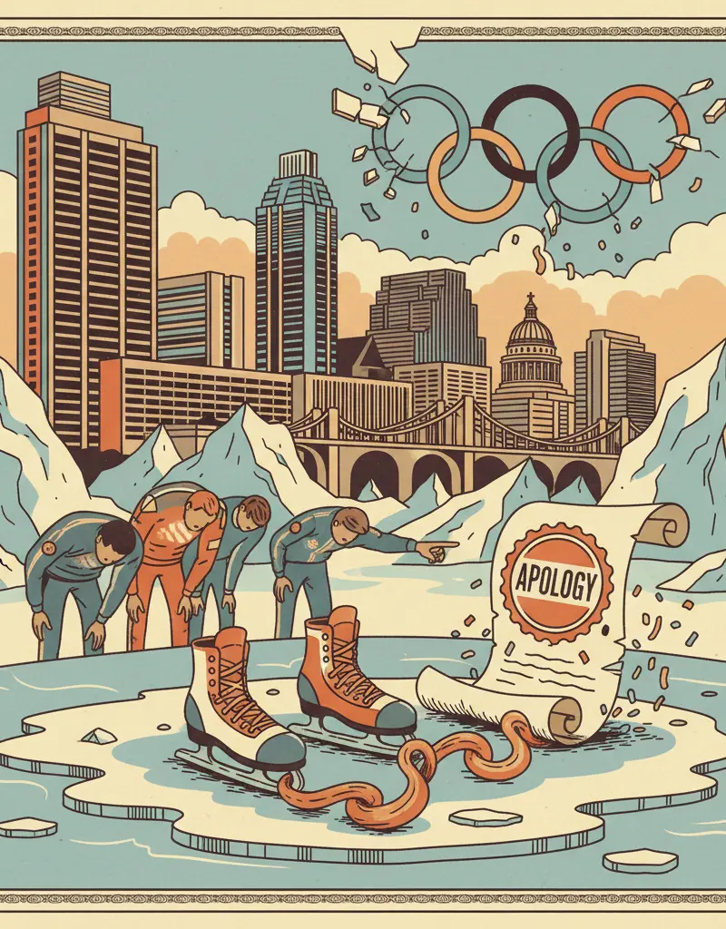 Editorial illustration: OLYMPIC COMMITTEE APOLOGIZES FOR MAKING ICE SKATES USELESS