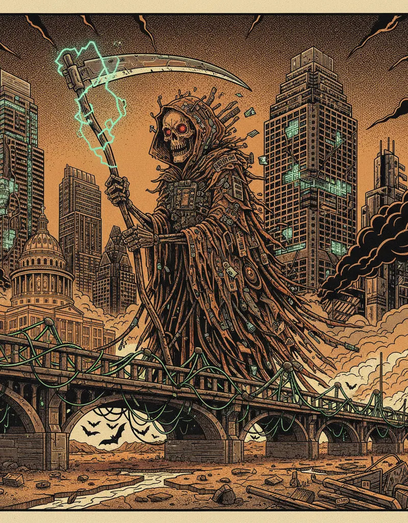 Editorial illustration: NIGHTMARE FUEL: NORTH AUSTIN'S GRIM REBOOT