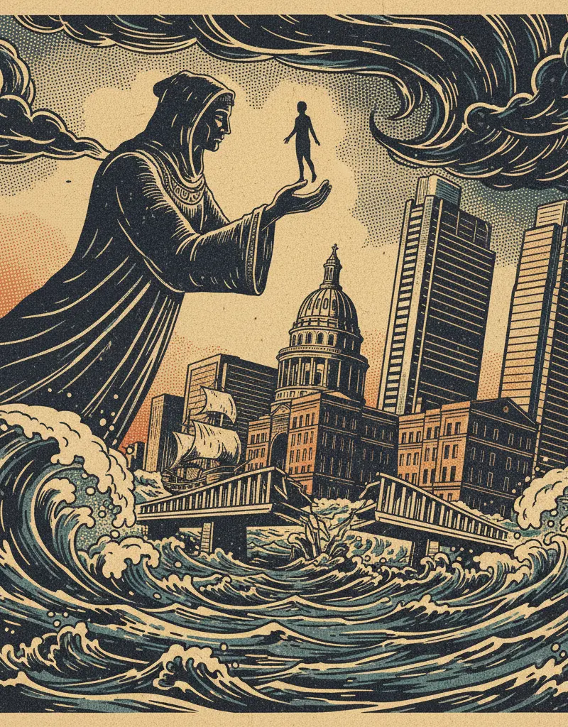 Editorial illustration: THE SEA CLAIMS ANOTHER SACRIFICE