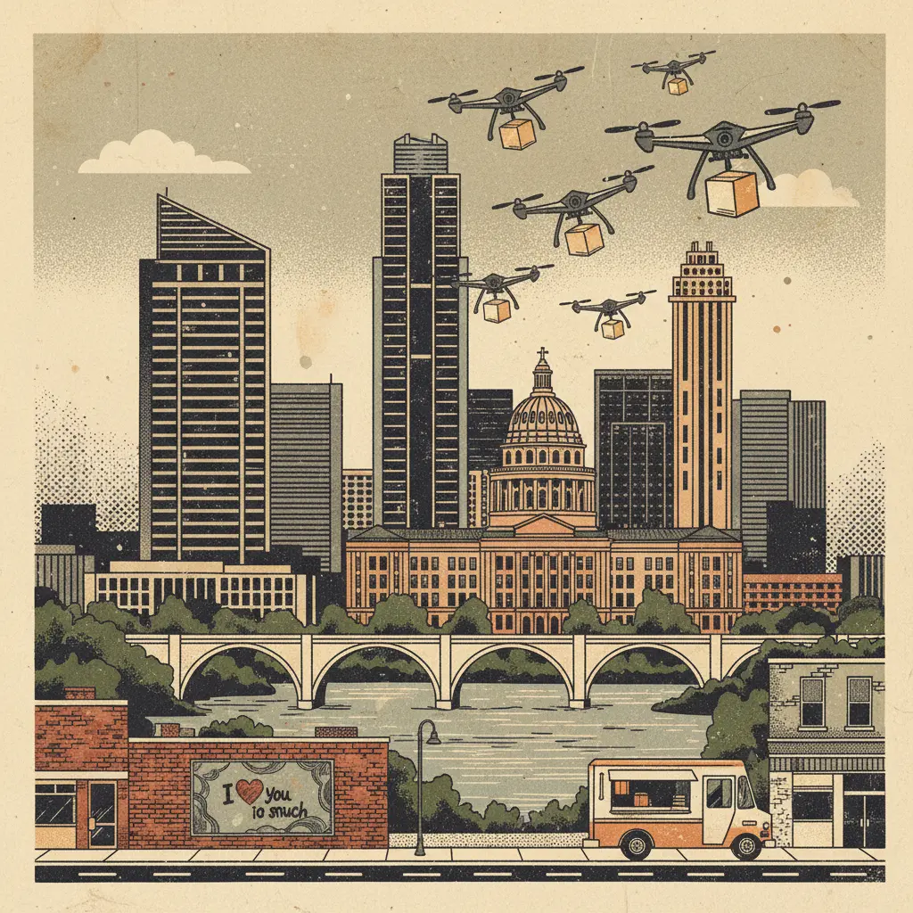 Editorial illustration: HUSTON-TILLOTSON TO FIGHT AUSTIN'S HOUSING CRISIS WITH DRONE-DELIVERED HOPE