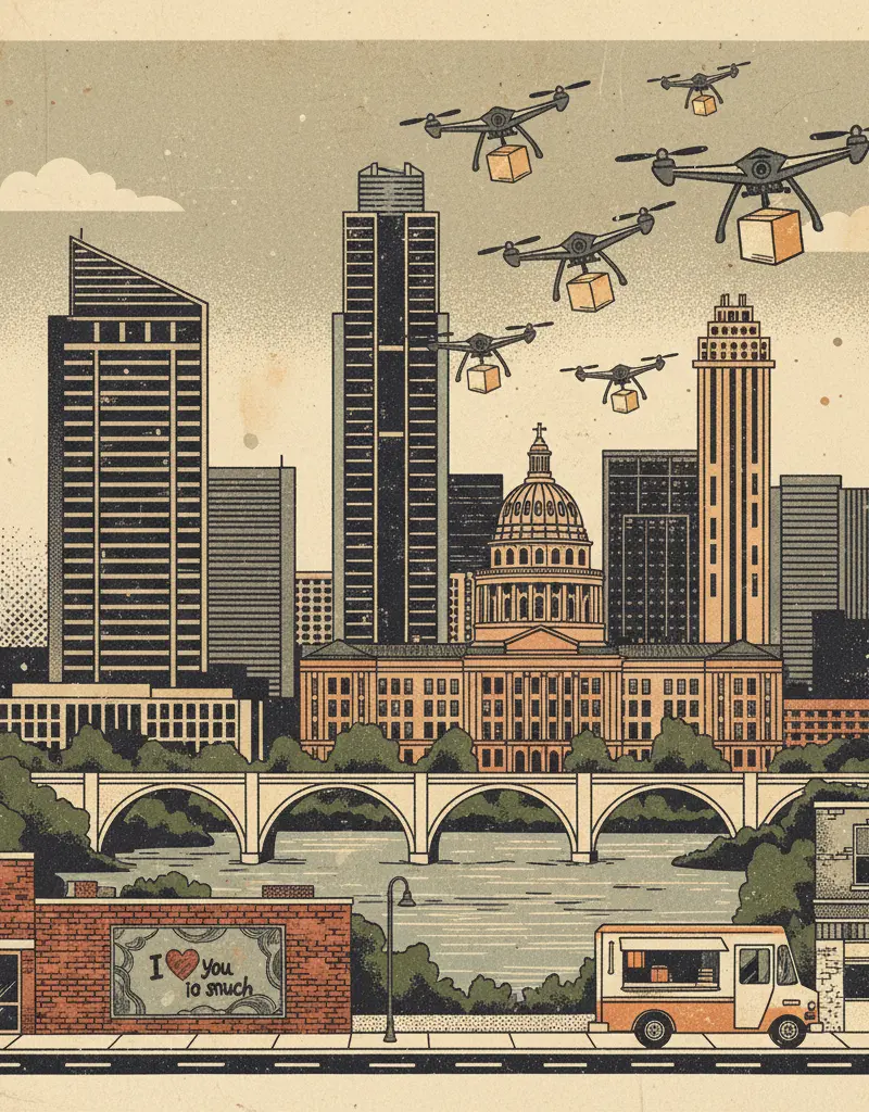 Editorial illustration: HUSTON-TILLOTSON TO FIGHT AUSTIN'S HOUSING CRISIS WITH DRONE-DELIVERED HOPE