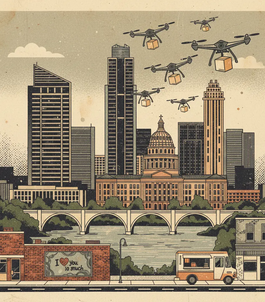 Editorial illustration: HUSTON-TILLOTSON TO FIGHT AUSTIN'S HOUSING CRISIS WITH DRONE-DELIVERED HOPE