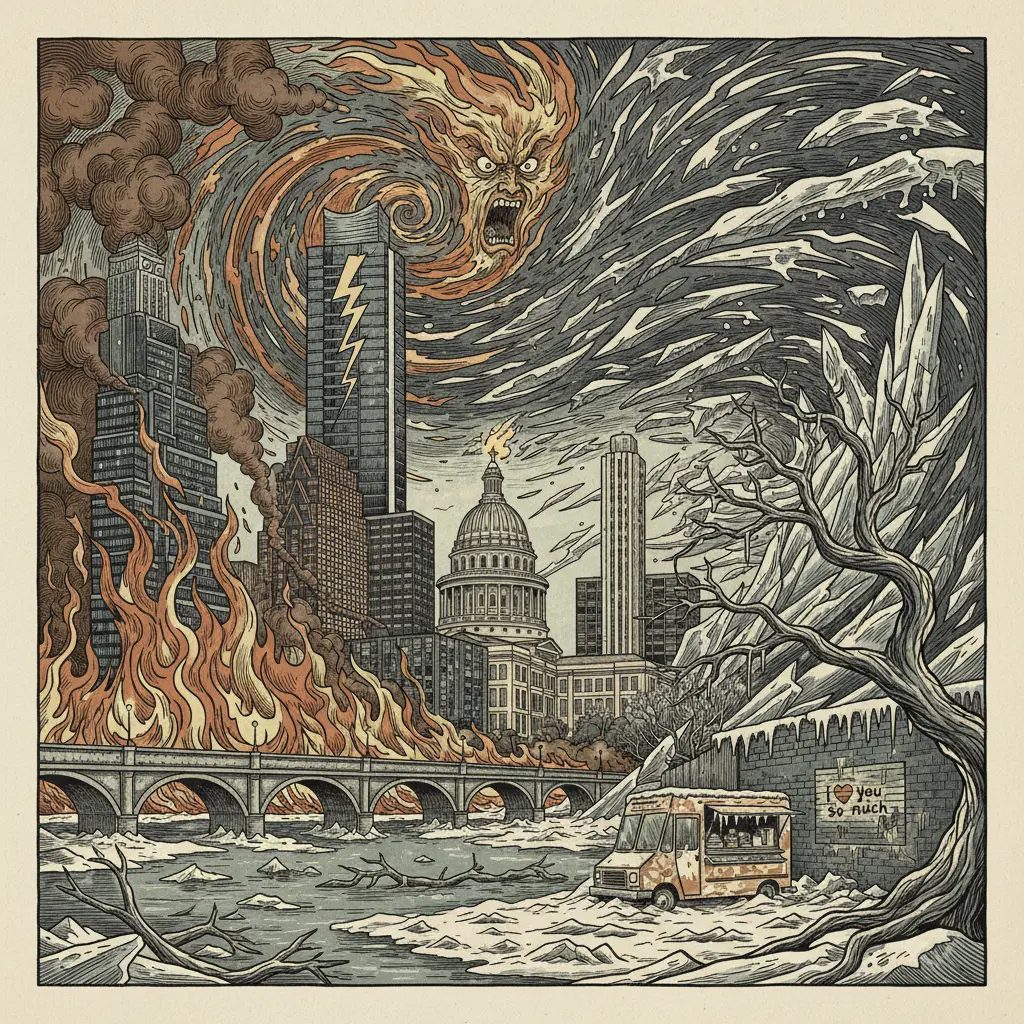 Editorial illustration: NATURE THROWS A TEMPER TANTRUM: WILDFIRE RISK MEETS ICY DISAPPOINTMENT