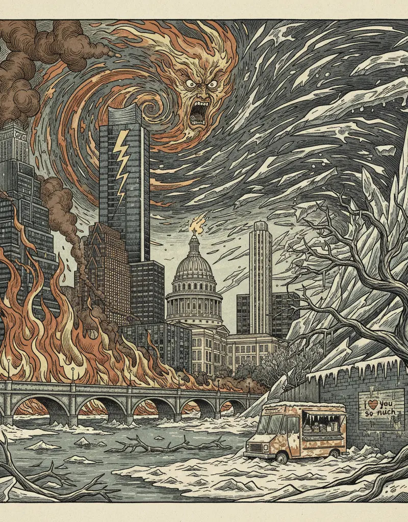 Editorial illustration: NATURE THROWS A TEMPER TANTRUM: WILDFIRE RISK MEETS ICY DISAPPOINTMENT