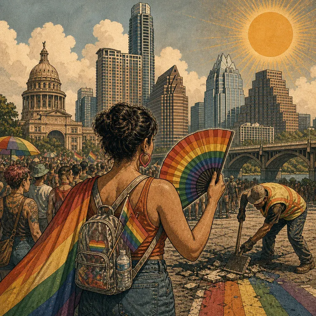 Editorial illustration: PRIDE, INC.: A CELEBRATION WITH A SERVICE CHARGE · AUSTIN PRIDE DRAWS THOUSANDS SATURDAY AMID RISING COSTS, BRUTAL HEAT, AND REMOVAL OF DOWNTOWN RAINBOW CROSSWALK