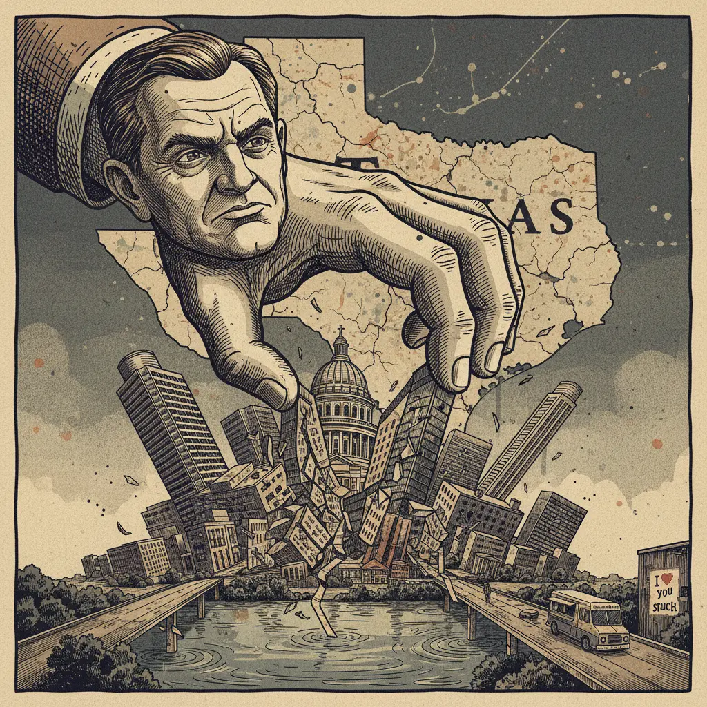 Editorial illustration: KEN PAXTON TRIES TO DELETE A CITY WITH A LAWSUIT. (BECAUSE TEXAS.)