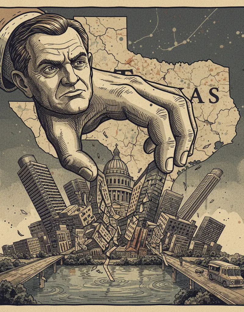 Editorial illustration: KEN PAXTON TRIES TO DELETE A CITY WITH A LAWSUIT. (BECAUSE TEXAS.)