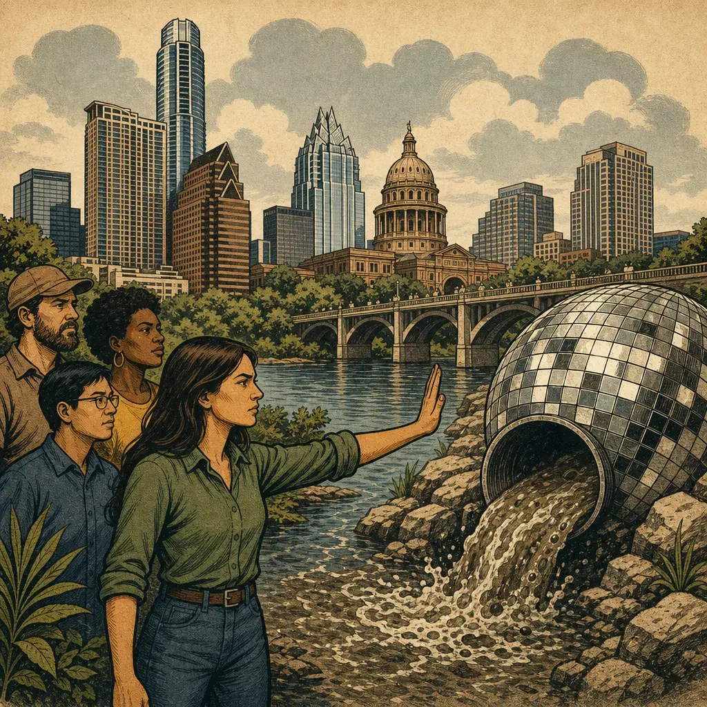 Editorial illustration: KEEP YOUR DISCO, NOT OUR STREAMS: TRAVIS COUNTY FORMALLY OPPOSES WHITE ROCKS WASTEWATER PERMIT