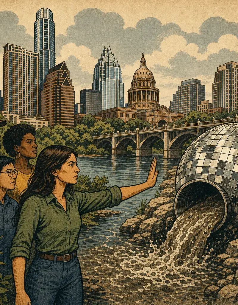 Editorial illustration: KEEP YOUR DISCO, NOT OUR STREAMS: TRAVIS COUNTY FORMALLY OPPOSES WHITE ROCKS WASTEWATER PERMIT