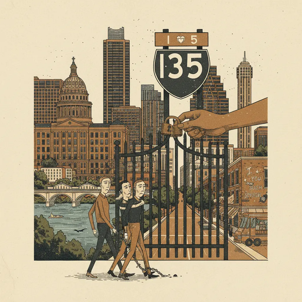 Editorial illustration: JUDGE RELEASES IMMIGRANT FROM ICE DETENTION; I-35 REMAINS A PRISON
