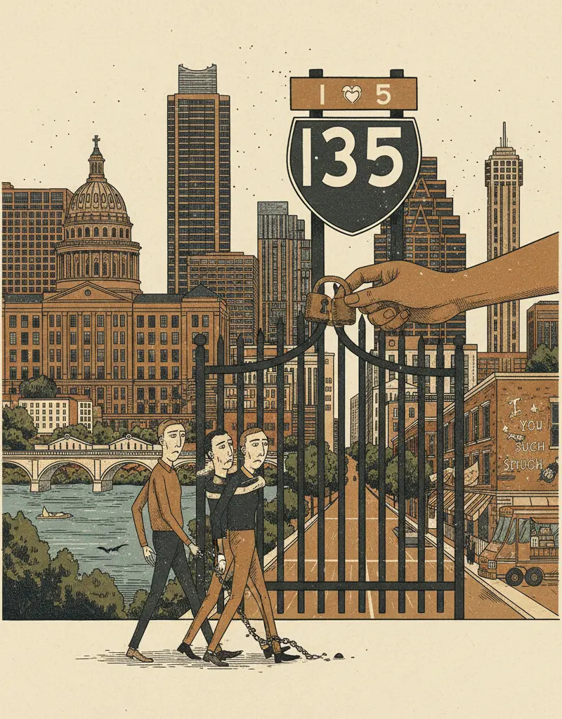 Editorial illustration: JUDGE RELEASES IMMIGRANT FROM ICE DETENTION; I-35 REMAINS A PRISON