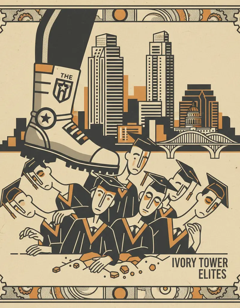 Editorial illustration: THE PENTAGON IS GROUNDING IVORY TOWER ELITES