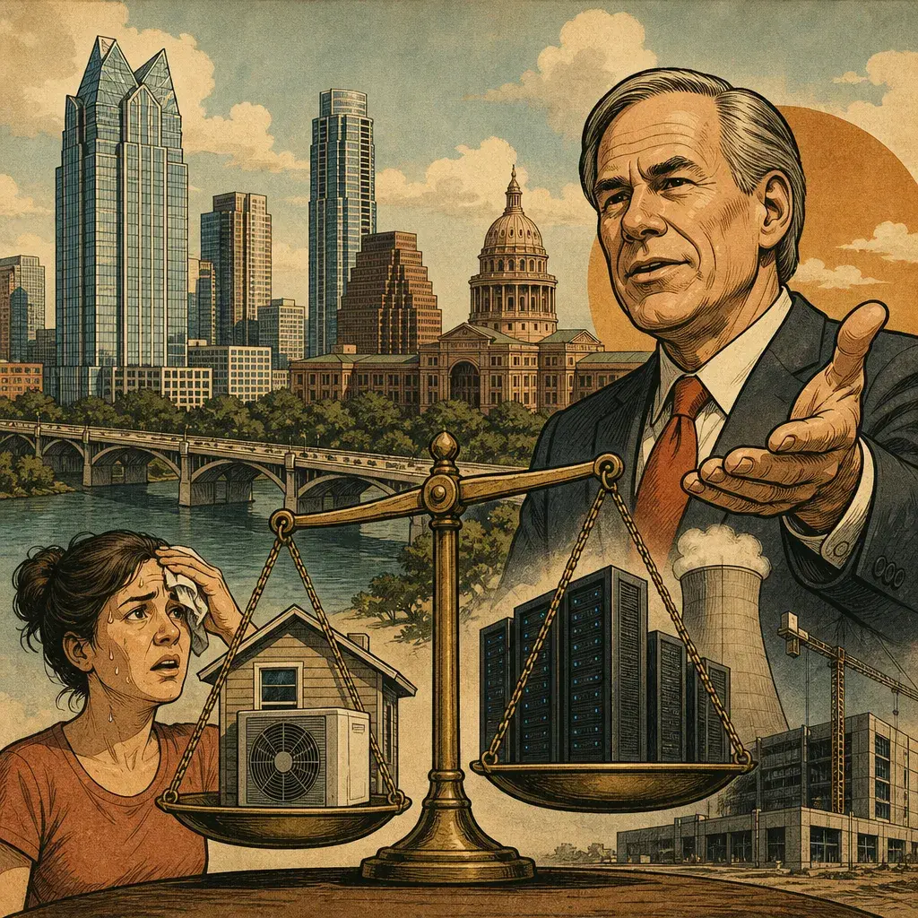 Editorial illustration: THE FREE MARKET WILL DECIDE IF YOUR AC DIES — ABBOTT PUSHES TO OPEN MUNICIPAL UTILITIES TO COMPETITION, DAYS AFTER DATA-CENTER MORATORIUM