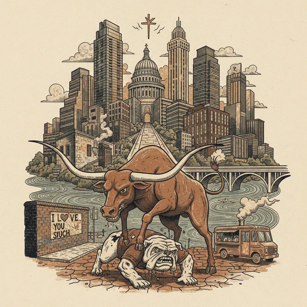 Editorial illustration: LONGHORNS BEAT AGGIES: PROOF THAT GOD HAS ABANDONED US