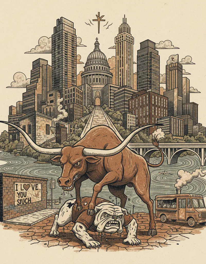 Editorial illustration: LONGHORNS BEAT AGGIES: PROOF THAT GOD HAS ABANDONED US