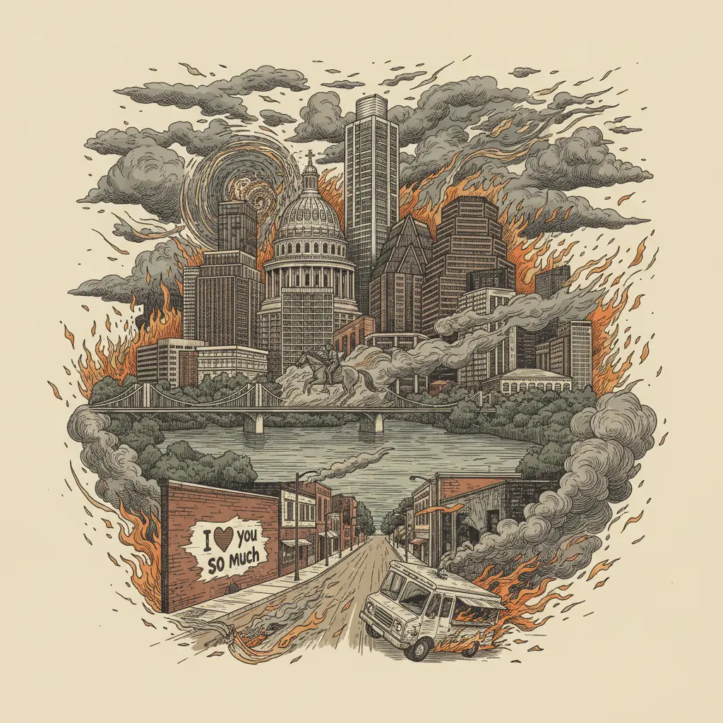 Editorial illustration: TEXAS WEATHER FORECAST: EXISTENTIAL DREAD WITH A CHANCE OF WILDFIRE