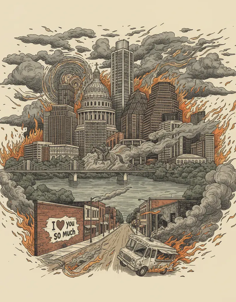 Editorial illustration: TEXAS WEATHER FORECAST: EXISTENTIAL DREAD WITH A CHANCE OF WILDFIRE