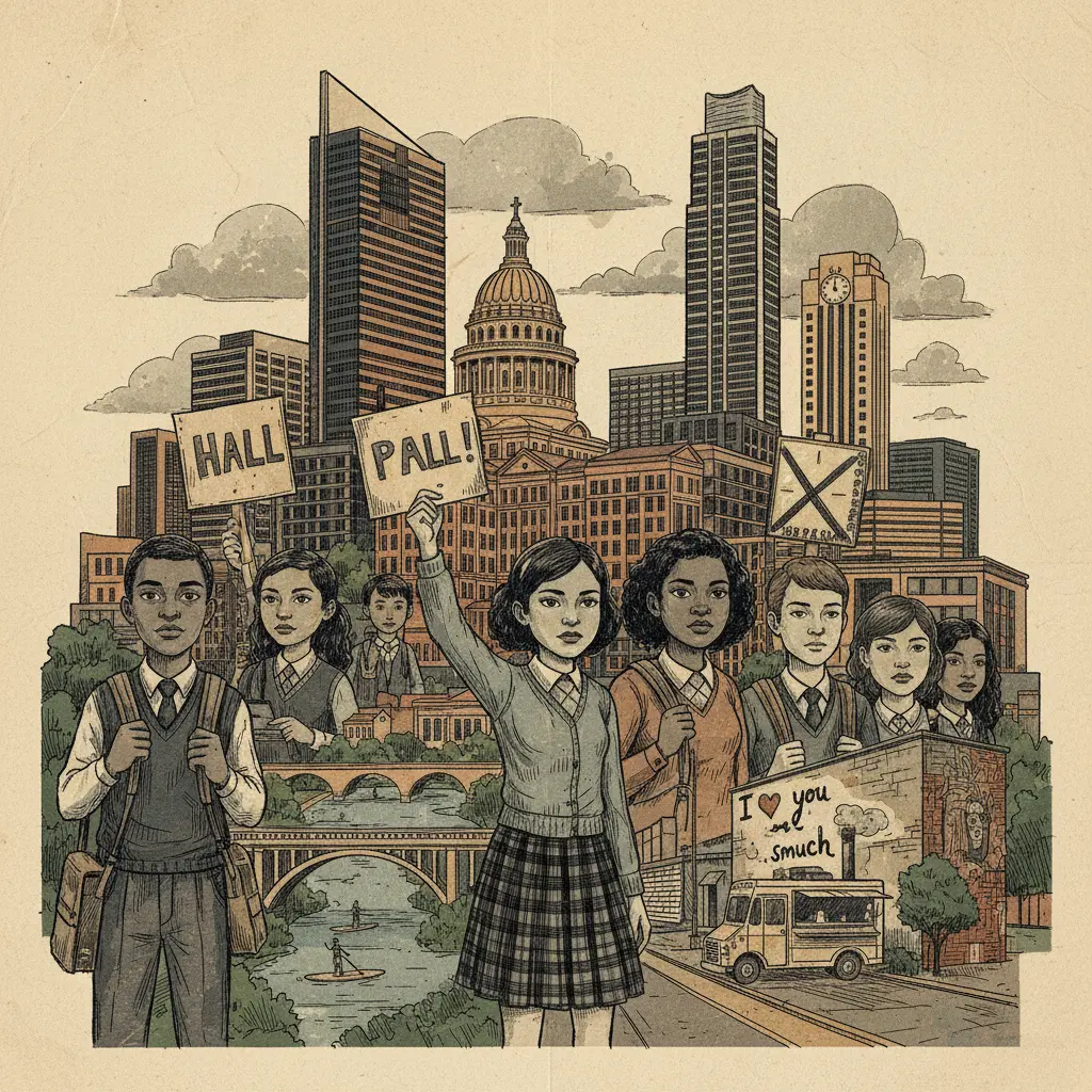 Editorial illustration: CENTRAL TEXAS STUDENTS TRADE HALL PASSES FOR A PROTEST SIGN