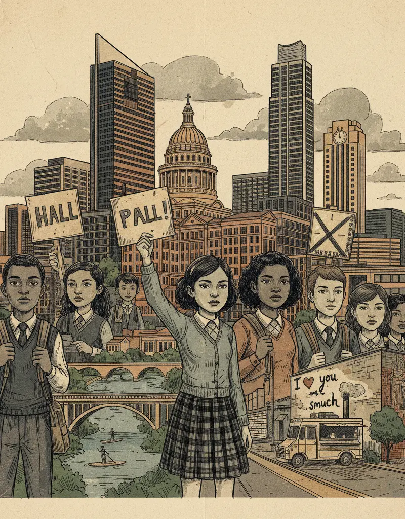 Editorial illustration: CENTRAL TEXAS STUDENTS TRADE HALL PASSES FOR A PROTEST SIGN