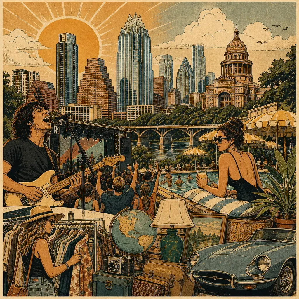 Editorial illustration: DO SOMETHING BEFORE AUGUST EATS YOUR SOUL: TOP 7 THINGS TO DO IN AUSTIN THIS WEEKEND (INCL. FRONT FEST, HOTEL VAN ZANDT POOL CLUB, LE GARAGE SALE)