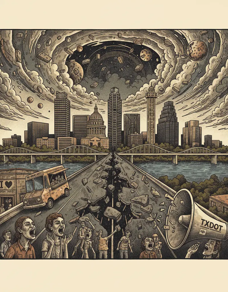 Editorial illustration: TXDOT WANTS TO HEAR YOUR COMPLAINTS ABOUT THE END TIMES ON US 77
