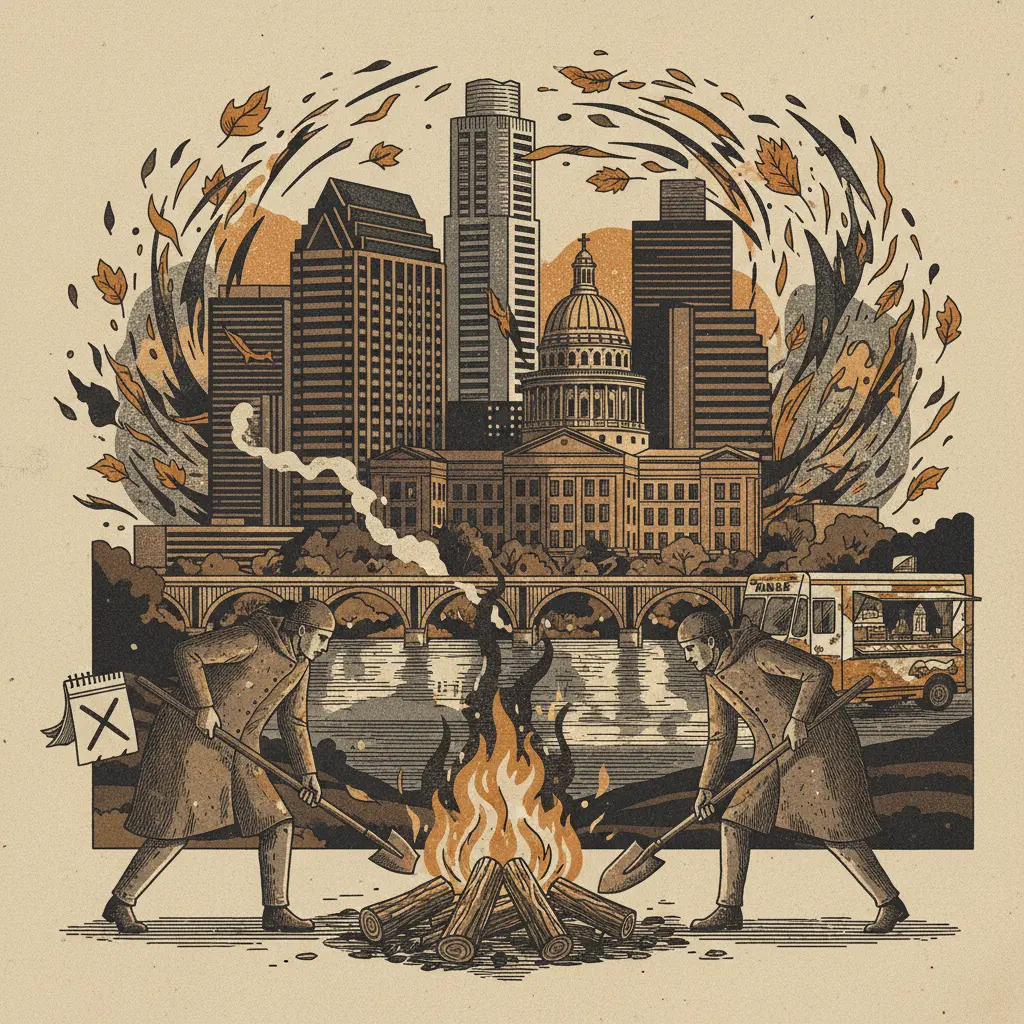 Editorial illustration: WILLIAMSON COUNTY DECLARES WAR ON BONFIRES. AUTUMN IS CANCELED.