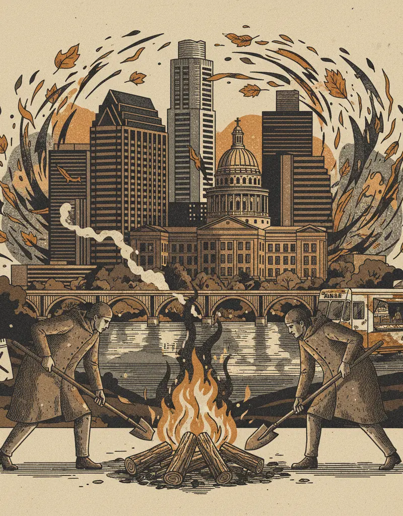 Editorial illustration: WILLIAMSON COUNTY DECLARES WAR ON BONFIRES. AUTUMN IS CANCELED.