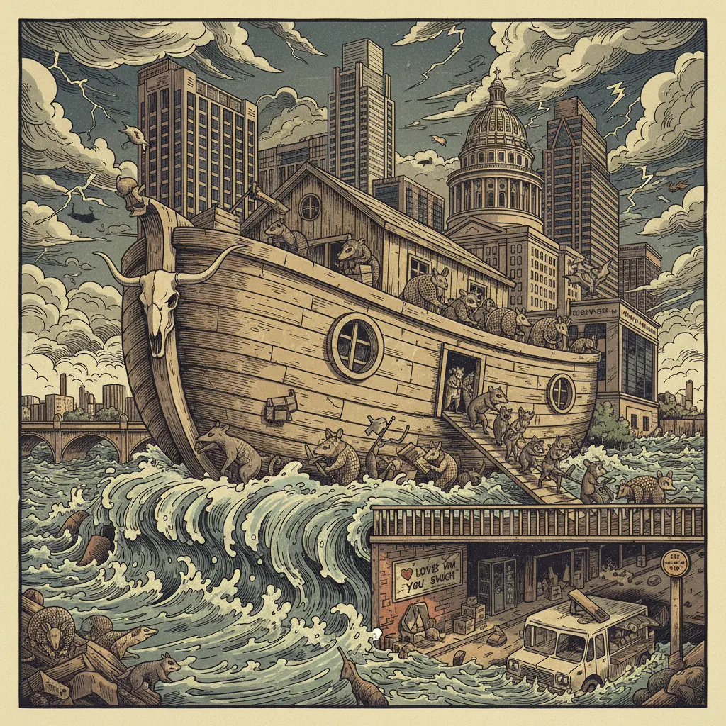 Editorial illustration: AUSTIN WILDLIFE RESCUE BUILDS ARK FOR THE APOCALYPSE (PROBABLY)